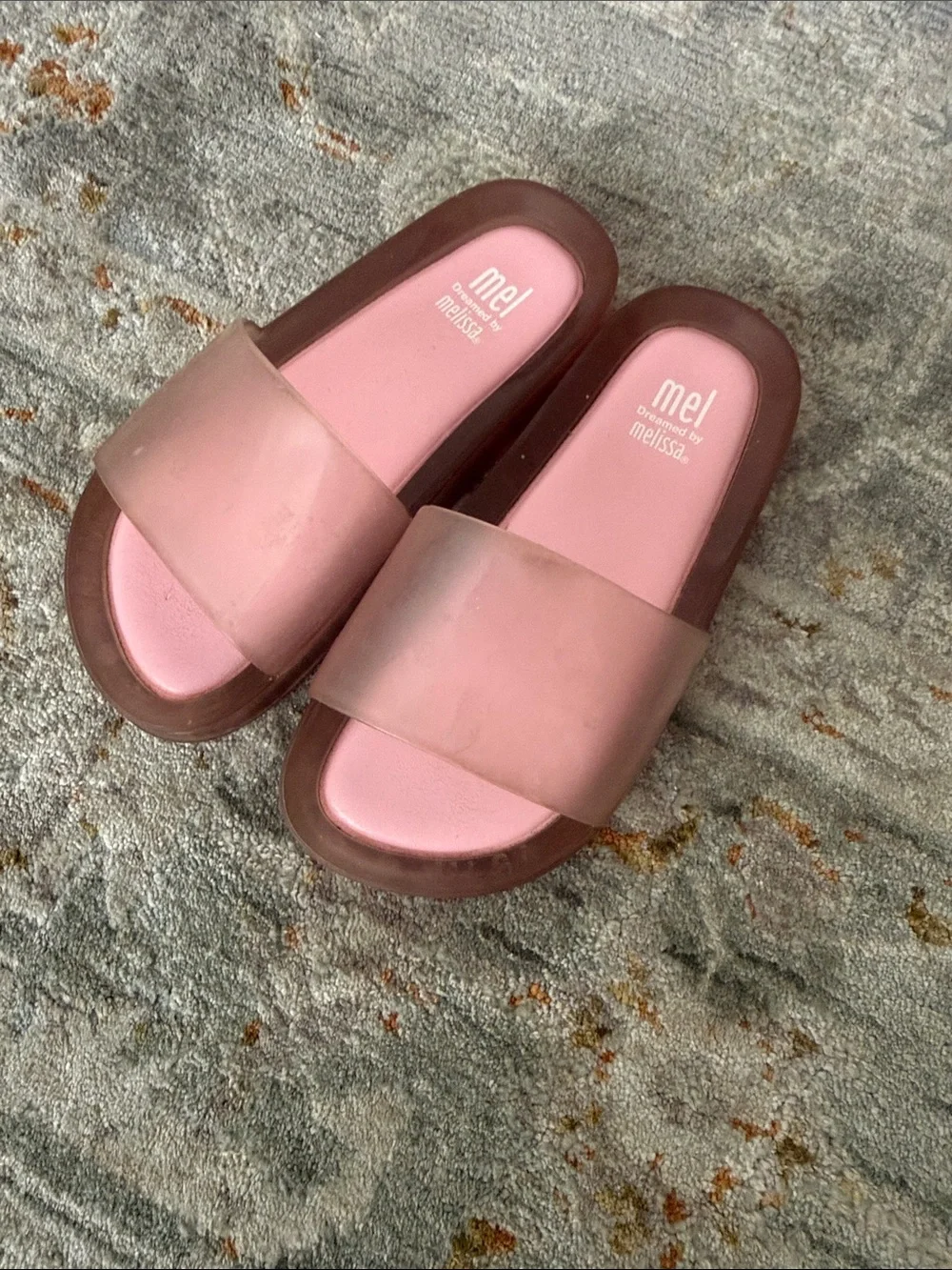 Kids Mini Melissa Pink Translucent Slide Sandals with Brown Trim